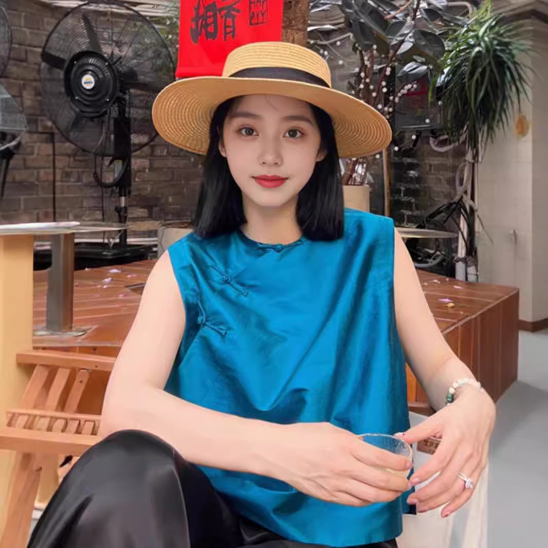 2570 New Chinese Style Top Women's New Explosions Summer Small Super Good-looking National Style Tang Suit Blue Vest Vest