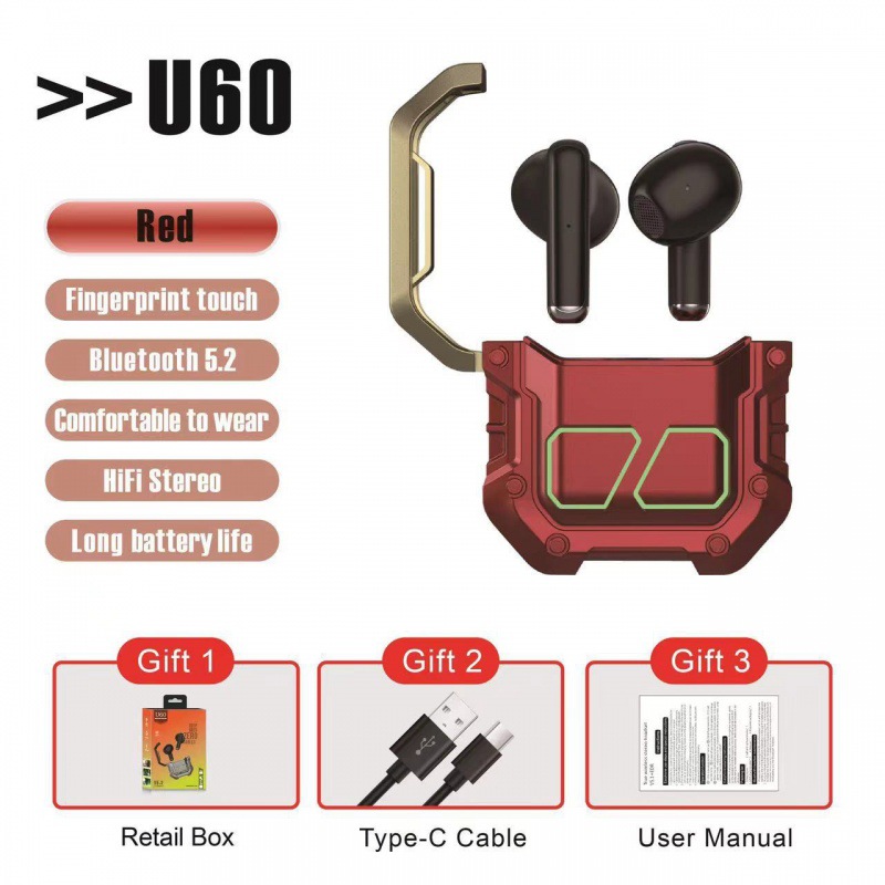 Nuevos auriculares Bluetooth transfronterizos U60 Tecnología Mecánica Viento 5.2TWS Luz respiratoria auriculares de juego de alta duración