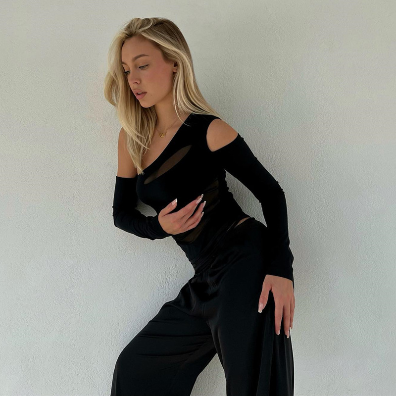 2022 europeo y americano otoño popular hombro oblicuo perspectiva mono sexy malla hueco-fuera manga larga SLIM-Fit oversleeve traje mujeres image 6