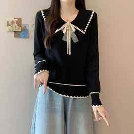 减龄蝴蝶结娃娃领长袖毛衣女可爱风秋冬mm小香风气质显瘦针织衫