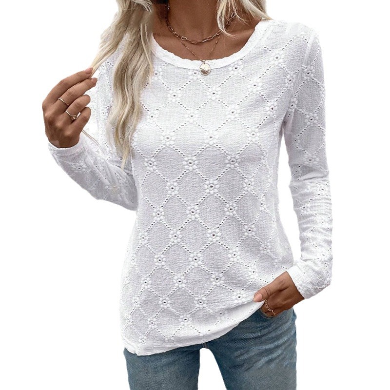Women's Clothing Solid Color Jacquard Round Neck Long Sleeve T shirt Tops_voghion.com