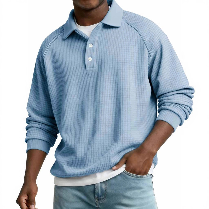 European and American Cross-Border Men's Waffle Button Lapel Casual Fashion Polo Shirt Long-Sleeved Raglan Sleeves Autumn and Winter New Men's European and American Cross-Border Men's Waffle Button Lapel Casual Fashion Polo Shirt Long-Sleeved Raglan Sleeves Autumn and Winter New Men's