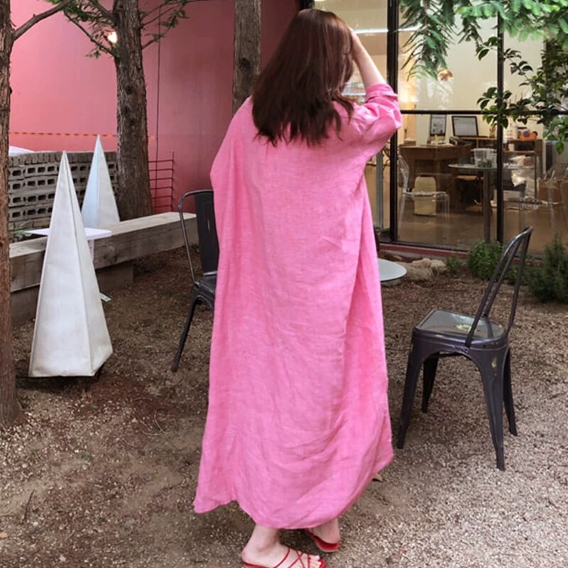 Loose Plus-Size Cotton and Linen Dress, Knee-Length Long Base Shirt, Fashionable Slimming Mori Girl Style Retro Linen Dress