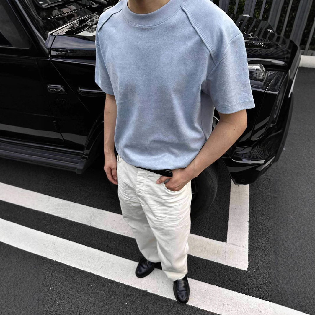 Vêtements pour hommes EME Style Old Money Solona Cool Couleur unie Coupe régulière aux épaules Manches déconstruites T-shirt court Boxy_voghion.com