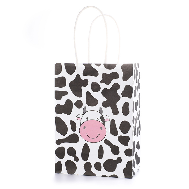 Bolsa de regalo con estampado de vaca en blanco y negro, bolsa de papel portátil, diseño de dibujos animados, regalo para estudiantes, embalaje de dulces, bolsa de papel portátil