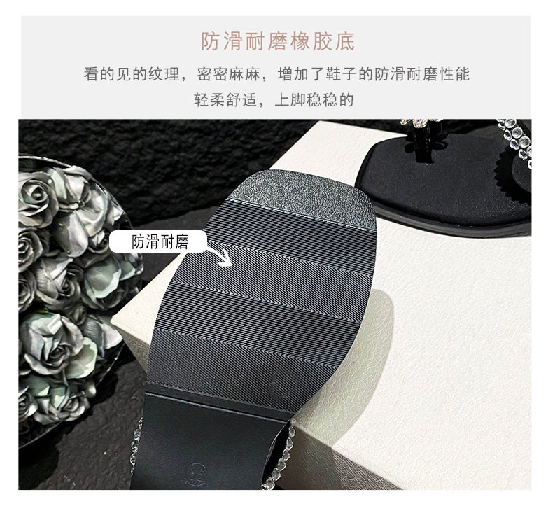 Dép sandal nữ mũi vuông đính đá, quai ngang bít mũi, đế bằng, đi ngoài trời mùa hè — Màu đen chi tiết 12