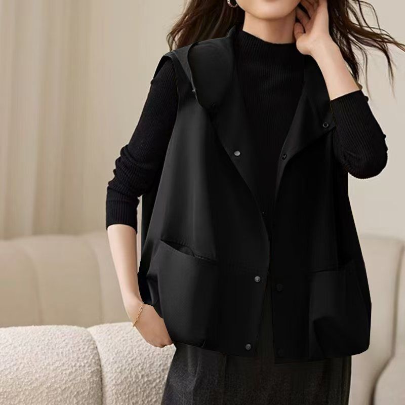 2025新款连帽马甲女宽松洋气坎肩外穿休闲百搭无袖马夹薄外套上衣|undefined