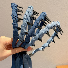 2025新款牛仔蝴蝶结发带飘带一体式头箍齿梳编发丝巾绑发饰