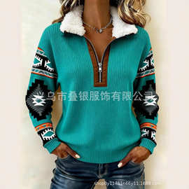 定制跨境热卖女款3D数码印花通勤款女士冬季立领时尚休闲复古上衣