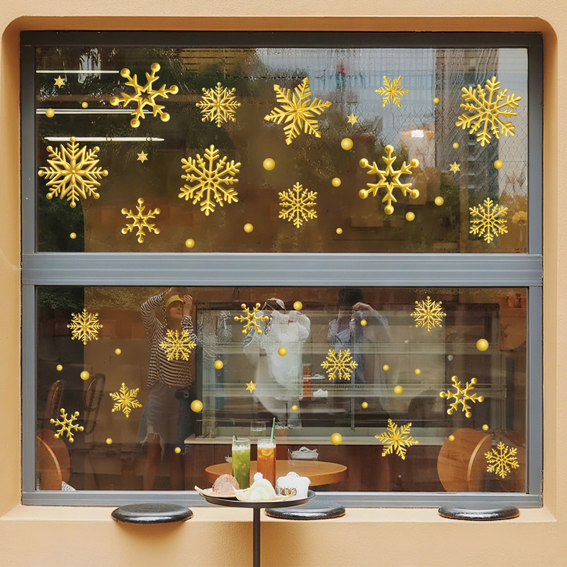 金色雪花静电贴画圣诞装饰玻璃门贴纸冬季雪景窗贴黄雪花片静电贴|undefined