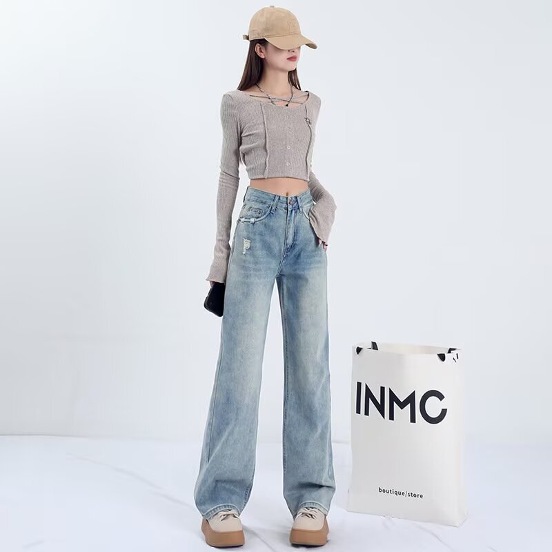 Blue Low-Waist Wide-Leg Jeans for Women in Early Spring New Loose Street Boyfriend Style Drapey Versatile Slimming Straight Pants