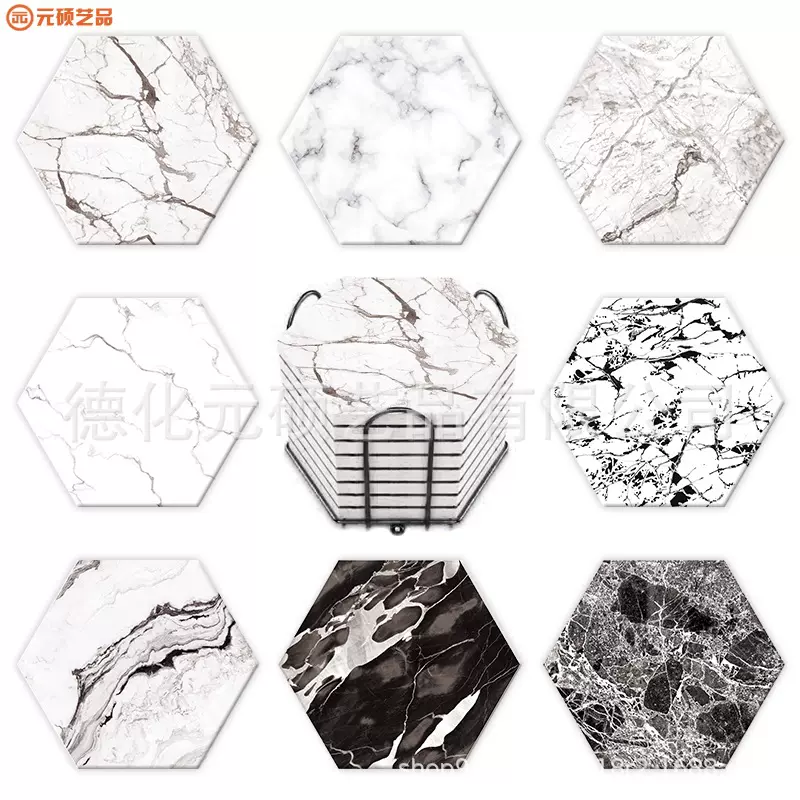 六角形白云土杯垫吸水大理石风格陶瓷软木杯垫跨境电工艺品隔热垫