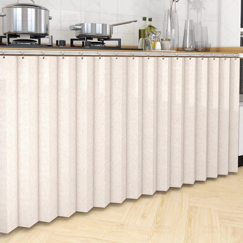 Solid Color Folding Cabinet Cover Curtain, Waterproof, Oil-Proof, Dust-Proof, and Debris-Covering for Kitchen Cabinets, Track-Mounted, No-Drill Curtain