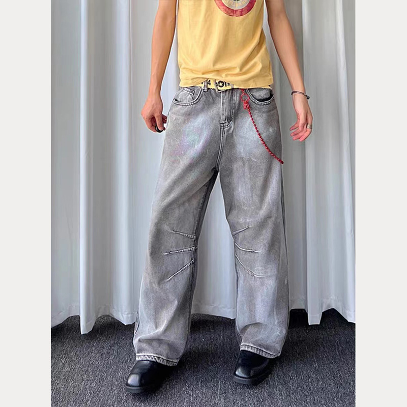 American Vintage Heavy Wash Light Gray Faded Jeans Unisex High Street Loose Fit Wide Leg Straight Pants_mkmklike.com