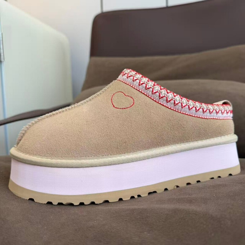 Tazz Heart-Shaped Thick-Soled Ethnic Style Snow Boots for Women, Cowhide with Fleece Lining, Warm Shoes, Double-Layer Sole, Woven Slippers, Casual