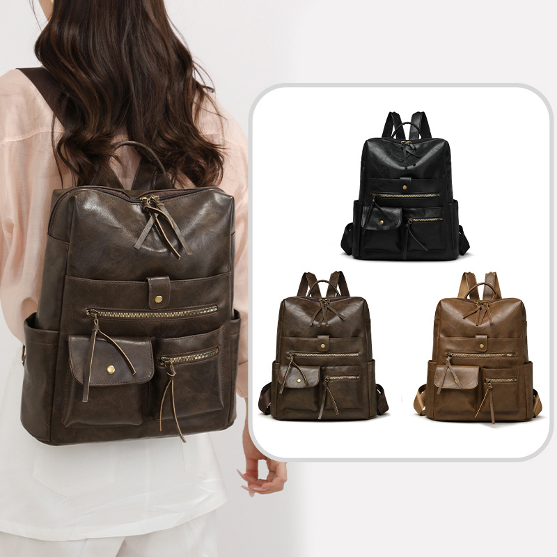 Retro-style unisex backpack with multiple pockets, new PU fashion high-end backpack, hand-held single-shoulder niche backpack