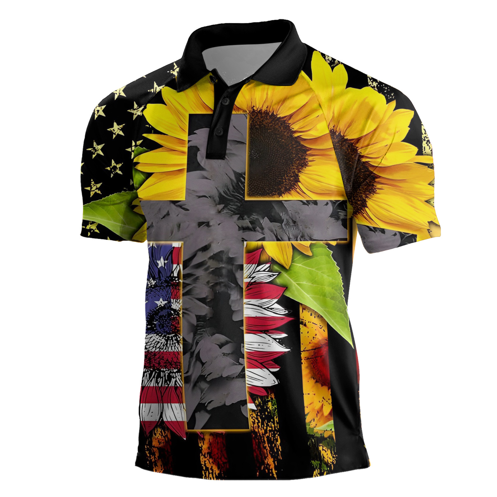 Cross-border Europa y América 2023 nuevos hombres casuales de manga corta Henry Independence Day Elements Camisa POLO raglán de tres botones para hombres