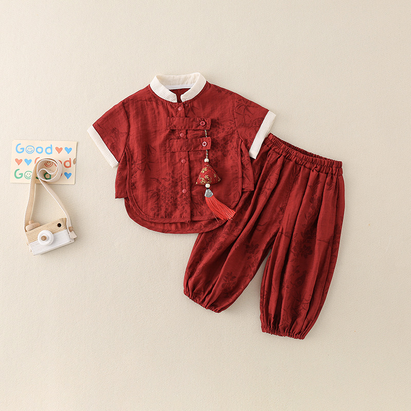 兒童套裝夏季薄款寶寶唐裝漢服兩件套周歲嬰兒幼兒端午禮服送香袋