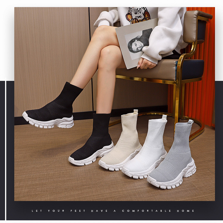 Spring New Fly Knitted Short Boots Thick Soled Versatile Stretch Socks Shoes Thick Soled Knitted Sports Casual Shoes Women's Boots_voghion.com