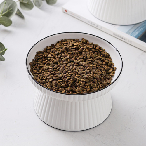 Ceramic Cat and Dog Bowl with High Legs, Anti-Tipping, Large Size Striped, Suitable for Small, Medium, and Large Dogs and Cats, Protects Neck