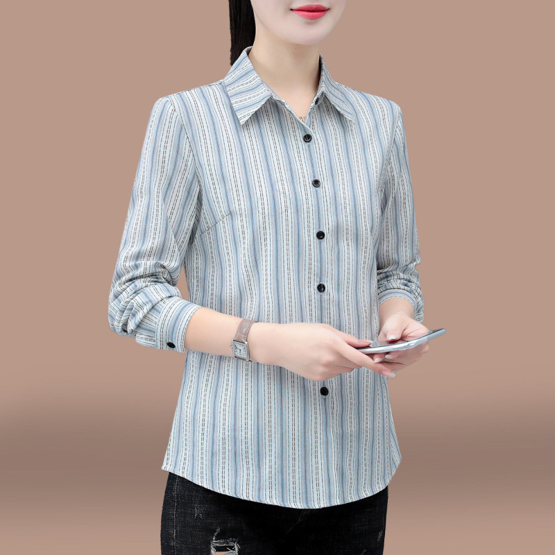 格子长袖衬衫女款春秋2025新款中年女装洋气减龄条纹衬衣纯棉上衣|undefined