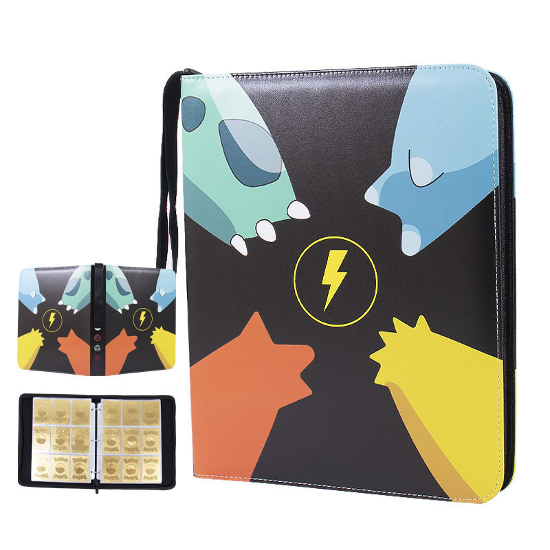 Álbum de tarjetas de gran volumen Venta caliente 4 cuadrículas 9 cuadrículas Álbum de tarjetas de juego Cartoon PU Collection Book Paquete de tarjetas con cremallera de hojas sueltas