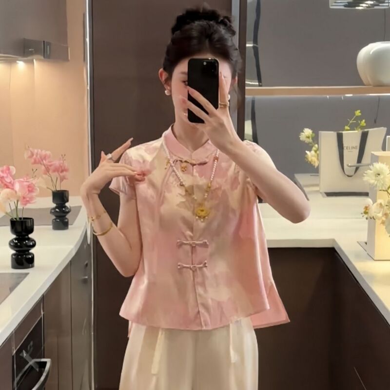 新しい中国風の女性用スーツ、夏の新しいジャカードボタン半袖トップ、ハイウエストワイドレッグパンツ、スリムな2点セット|undefined