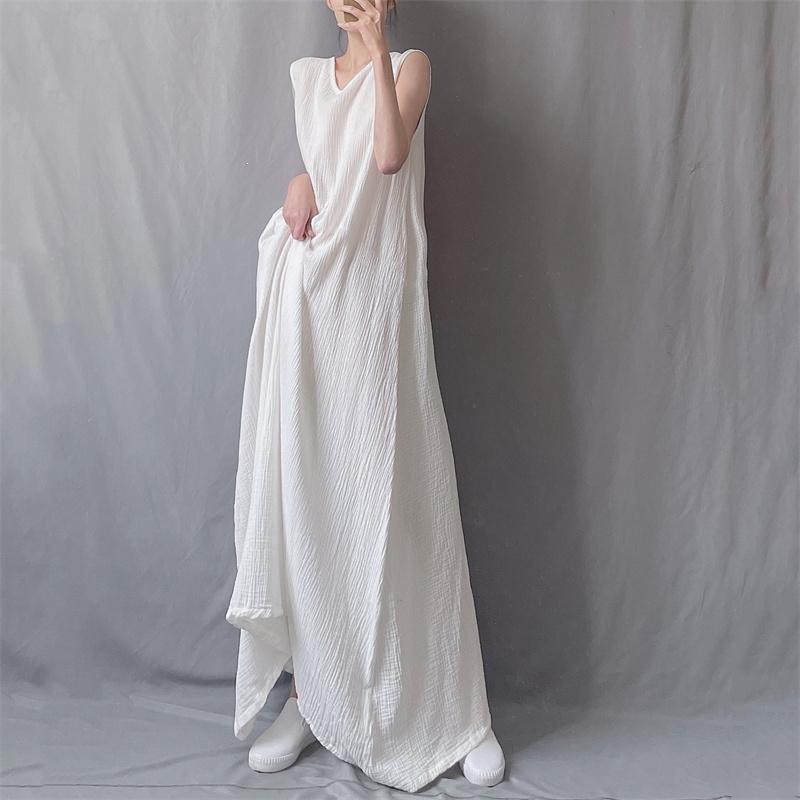 Shanlida Korean-Style Simple and Elegant Sleeveless Long Dress for Women, Summer Loose Beach Cotton-Linen Dress