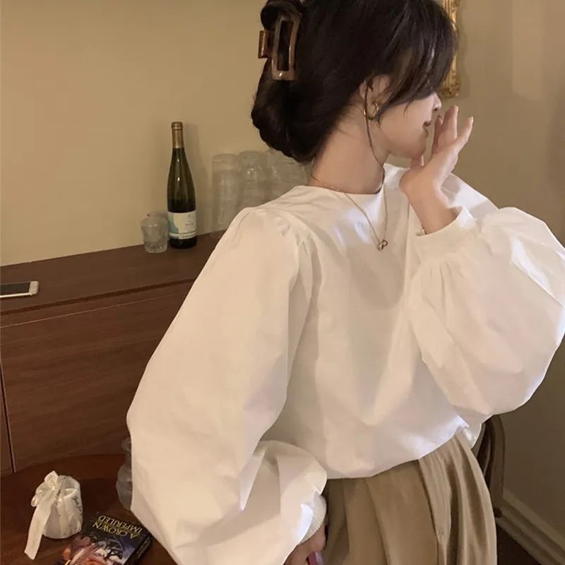 2025法式灯笼袖衬衫女秋设计感宽松减龄百搭圆领衬衣泡泡长袖上衣|undefined