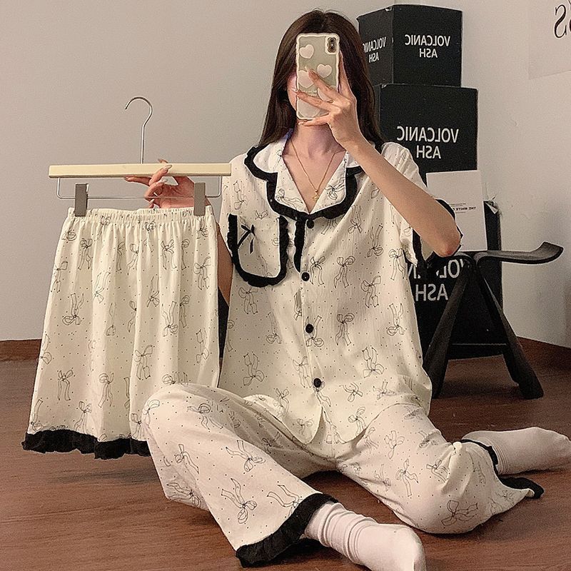 Venta al por mayor transfronteriza de pijamas de tres piezas de verano para mujer, solapa de algodón de encaje, pantalones cortos de manga corta, traje de servicio a domicilio
