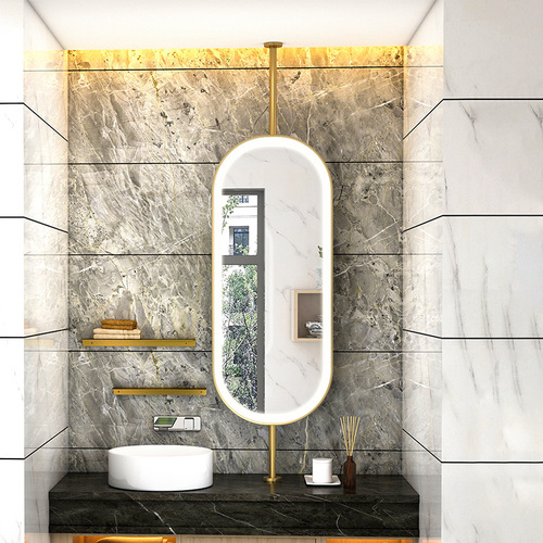Bathroom ceiling-mounted elliptical lighted mirror for hotel guest rooms and homestays, with lighted sink and mirror-back painting