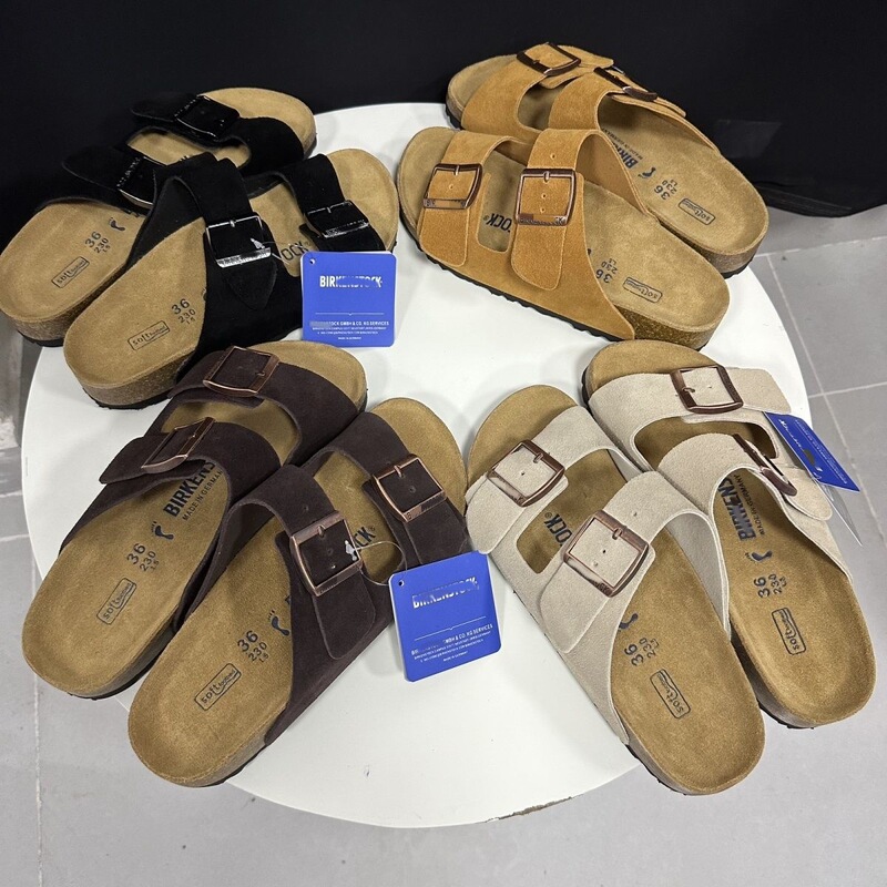 In-Stock Birkenstock Shoes with Cork Sole, Double Buckle, Genuine Leather, Height-Increasing, New Summer Style, Flat Beach Sandals, Slip-On