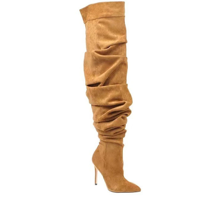 European and American autumn and winter new women's cross-border sexy pointed catwalk stage boots knee boots suede high heel wrinkle boots