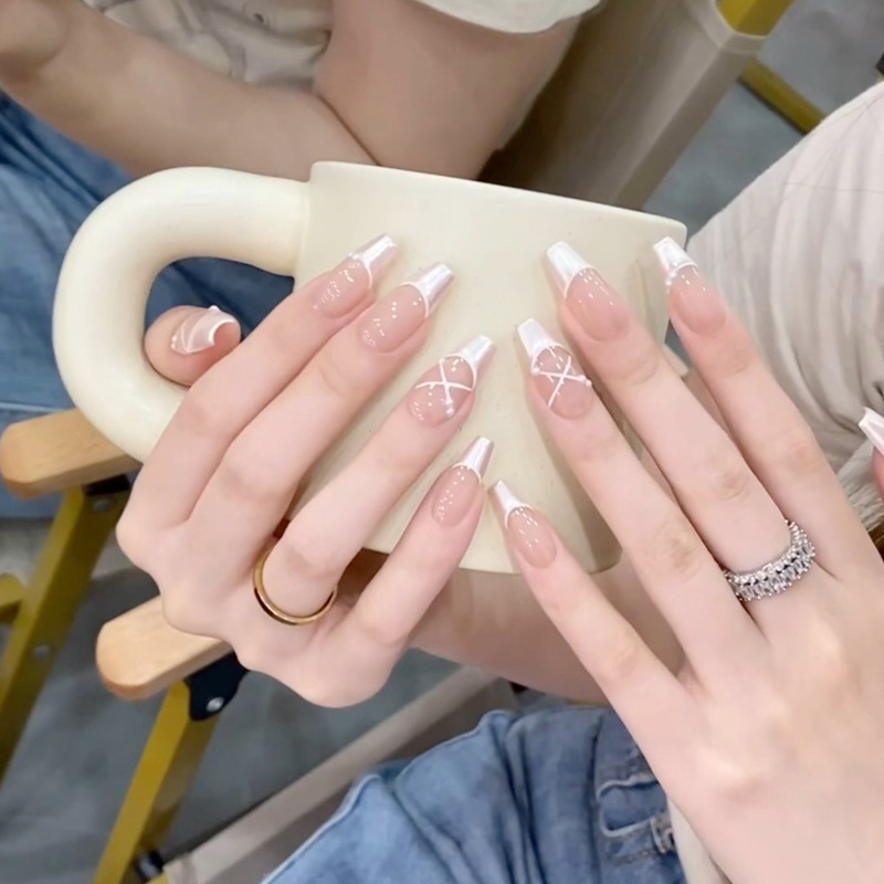 Popular Magic Mirror French Pearl Nail Stickers Wearable Nails Student Nail Art Pieces Fake Nail Stickers Finished Nail Art 24 Pieces