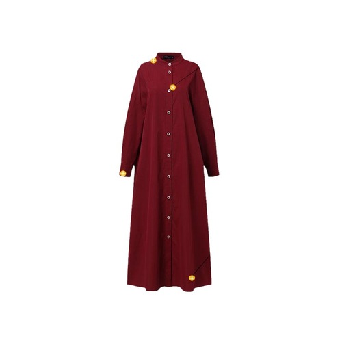 New style of literary style, solid color, simple casual vacation stand collar cardigan, long-sleeved shirt dress