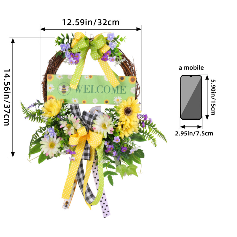 Letrero de Madera de Bienvenida Primavera, Decoración al por Mayor 2025, Nuevo Estilo Transfronterizo, Flor Artificial, Lazo para Colgar en la Puerta, Letrero de Bienvenida para Puerta