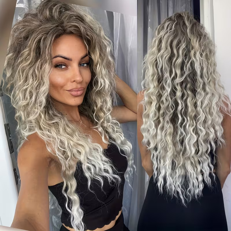 Cross-border European and American women's wigs, African small curly long hair synthetic fiber wig, grayish gold side-parted curly wig