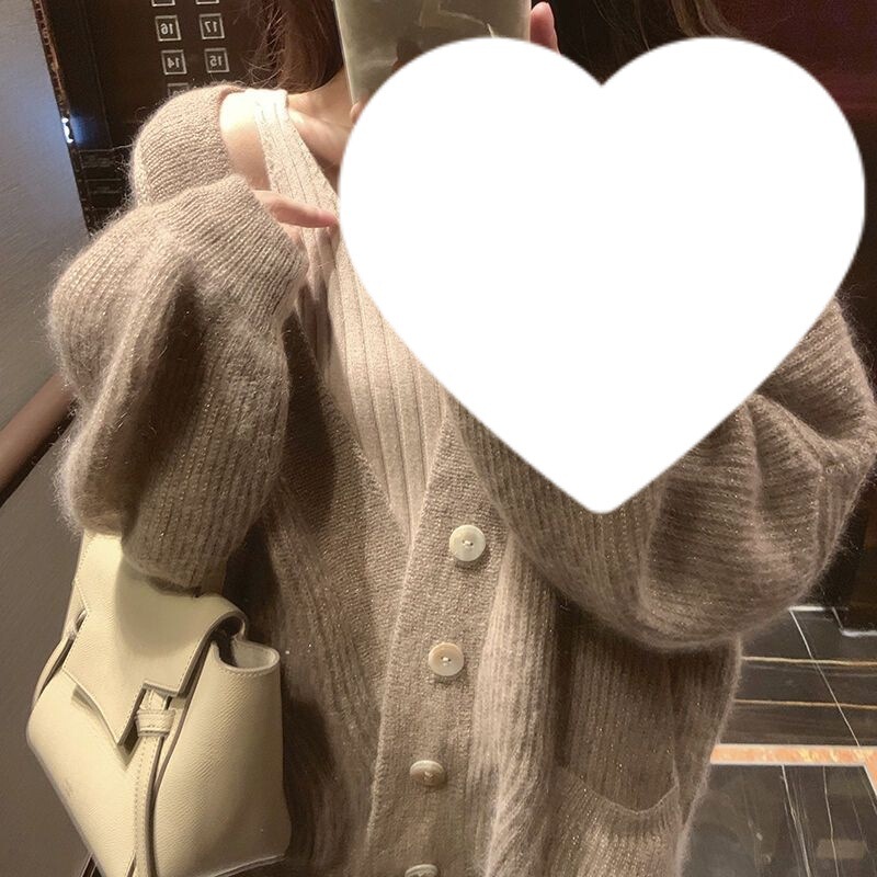 粉色温柔风软糯针织开衫女宽松慵懒落肩毛衣外套v领口袋披肩外搭|undefined