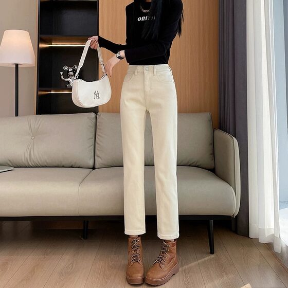 Creamy-white small pipe pants for women 2024 Spring and Autumn New High waist slimming stretch cropped straight Denim pants