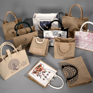 Linen Bag in Stock Shopping Mall Same Style Gift Handbag Literary DIY Good Quality Linen Jute Bag Zipper Canvas Bag