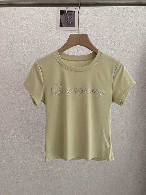Omalai 英字ホットダイヤモンドラウンドネックスリムフィット半袖 Tシャツ夏韓国スタイル多用途トップ女性用 3824|undefined