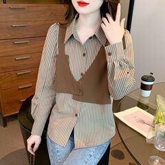 马甲假两件条纹衬衫女春秋2025新款设计感小众宽松百搭长袖上衣女