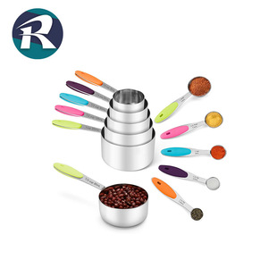 Ten-Piece Stainless Steel Measuring Spoon and Measuring Cup Set, Seasoning Spoon Baking Engraving Measuring Cup Set with Silicone Comfortable Handle for Baking