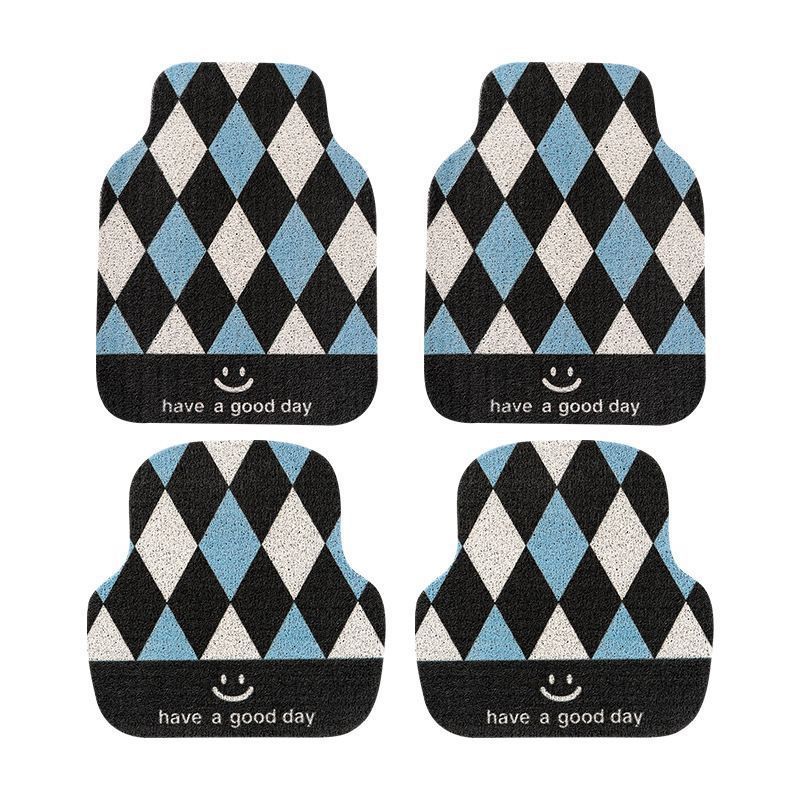 Cross-Border Temu Black and White Checkered Silk Circle Floor Mats for Cars, Dust-Proof, Wear-Resistant, Dirt-Resistant and Easy to Care For, Four-Piece Set of Floor Mats