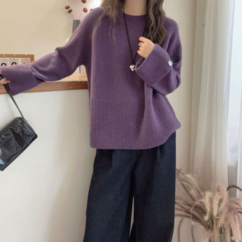 法式高级感袖口加厚圆领毛衣女秋冬软糯慵懒风内搭打底针织衫上衣|undefined