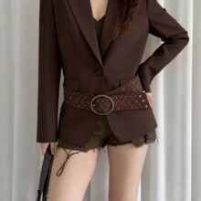 欧美复古街头时尚镂空圆环PU皮革拼接特色收腰皮带百搭钉珠女腰带