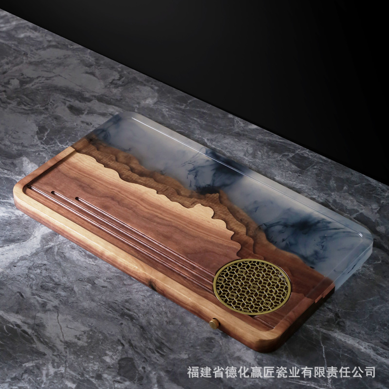 bandeja de té de resina de nuez, mesa de burbuja seca de madera sólida de alta gama, sala de estar doméstica, nueva bandeja de té china grande