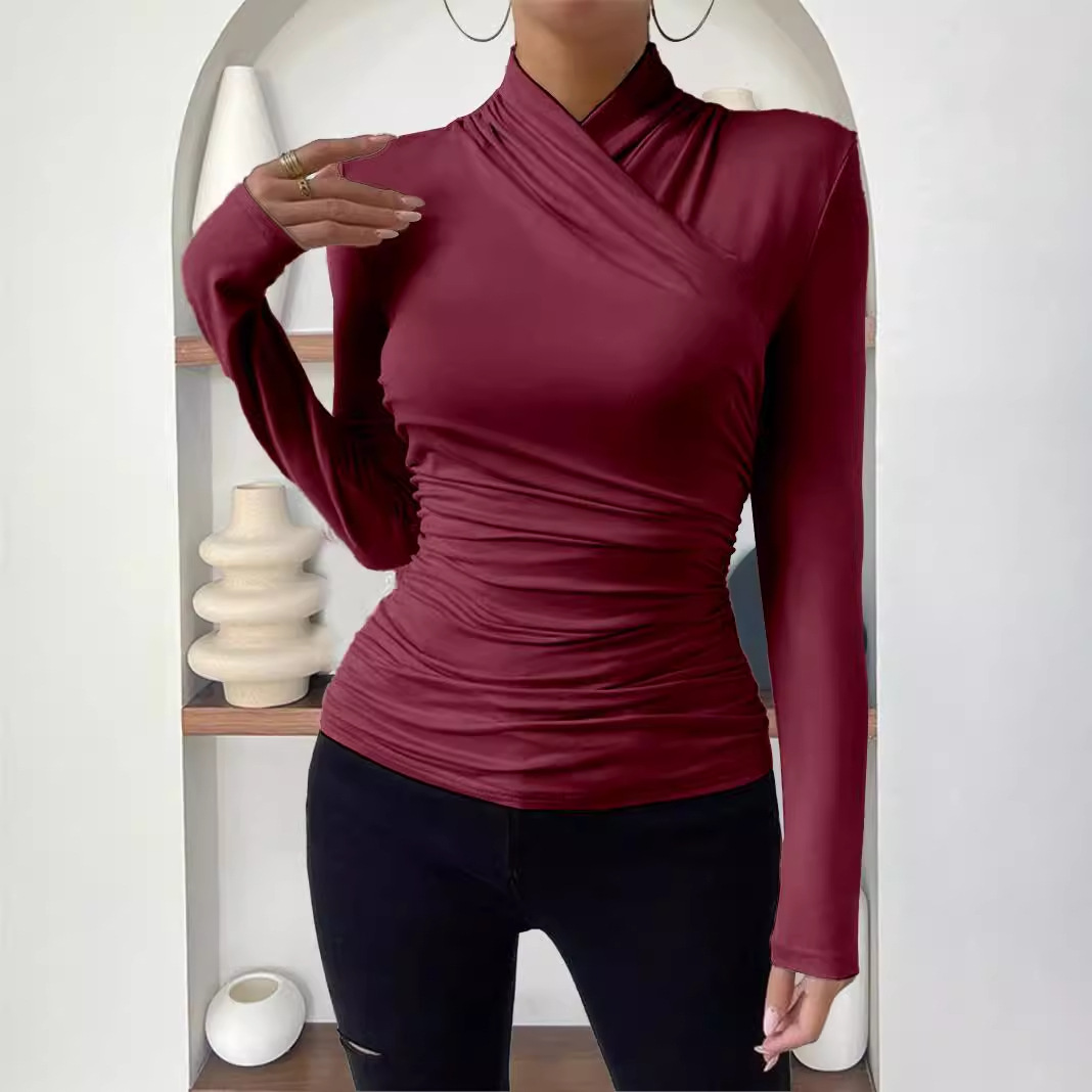 Elegant Women's Cross-Neck Slim-Fit T-Shirt Tuck Detail Versatile Autumn Winter Wardrobe Staple Fashion Top for Ladies_ecoleips.com