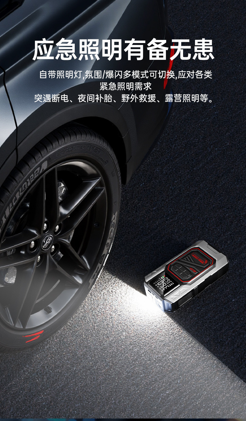 Car-mounted wireless lithium battery air pump with emergency starting power supply, integrated smart air pump for tire inflation