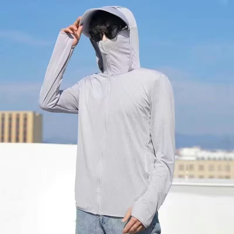 Men's and women's sun protection clothing with wide hoods, summer ice silk breathable outdoor fishing sun protection hooded jacket for construction sites